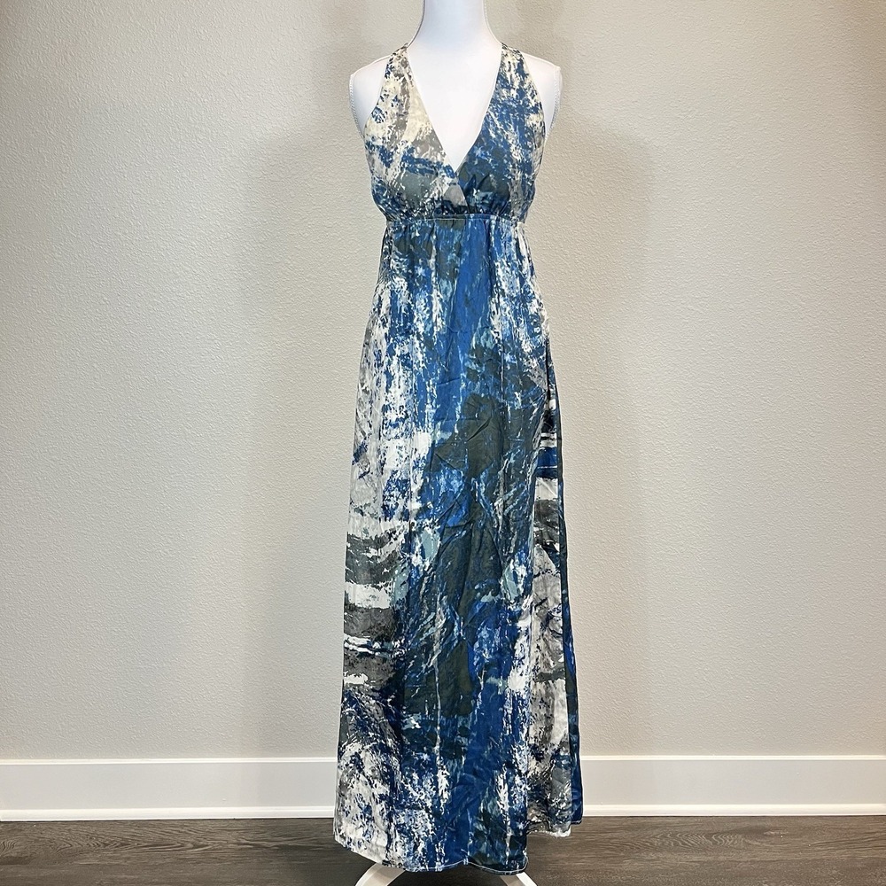 6 Degrees Maxi‎ Sundress Blue Abstract Art To Wear Sz Small Resortwear Beachy
